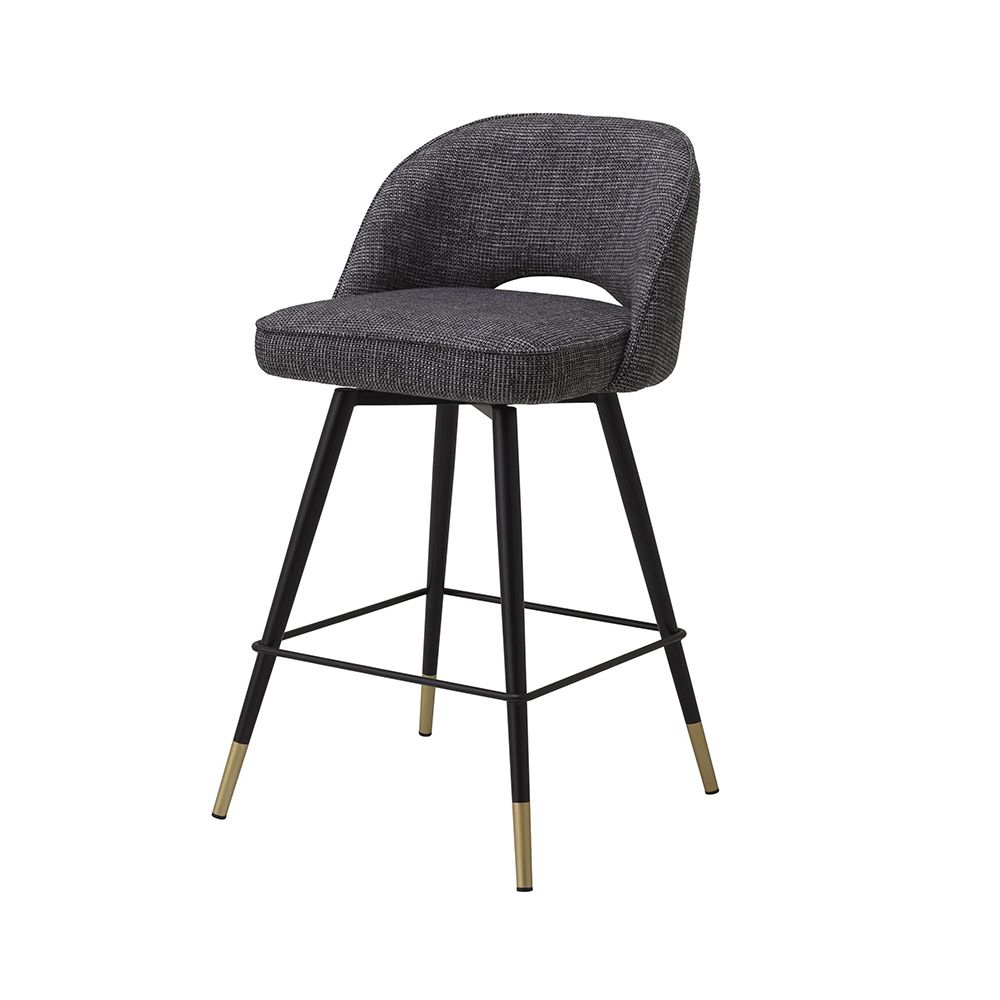 Sleek, rocat black swivel counter stools with elegant brass caps