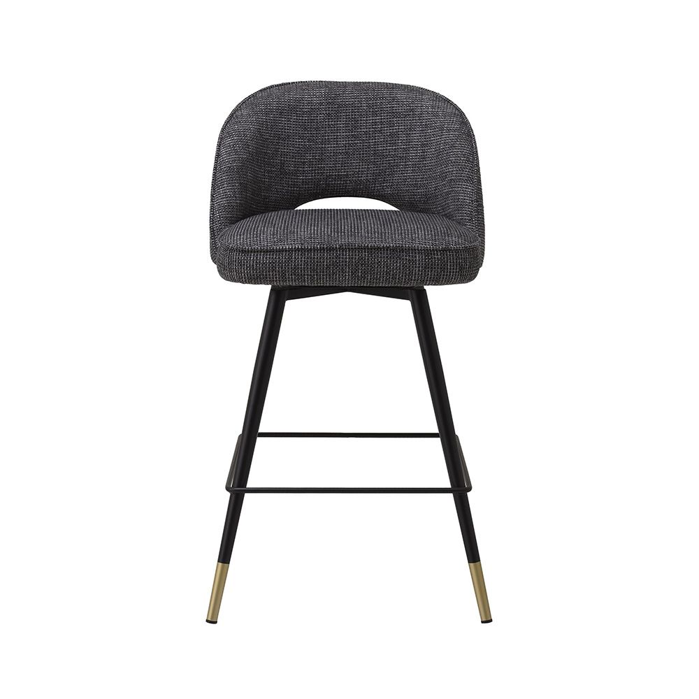 Sleek, rocat black swivel counter stools with elegant brass caps