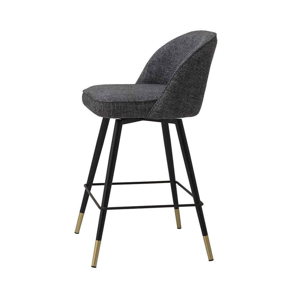 Sleek, rocat black swivel counter stools with elegant brass caps