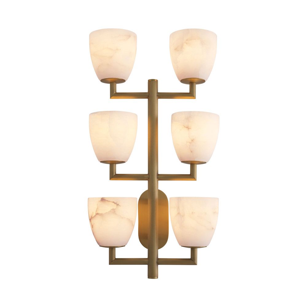 This chic lighting fixture exhibits a contemporary design featuring six tasteful and translucent alabaster shades and an alluring antique brass finish for added opulence.