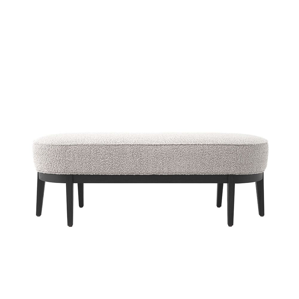 Grey boucle upholstered bench with gentle curves and three black tapered legs on either side