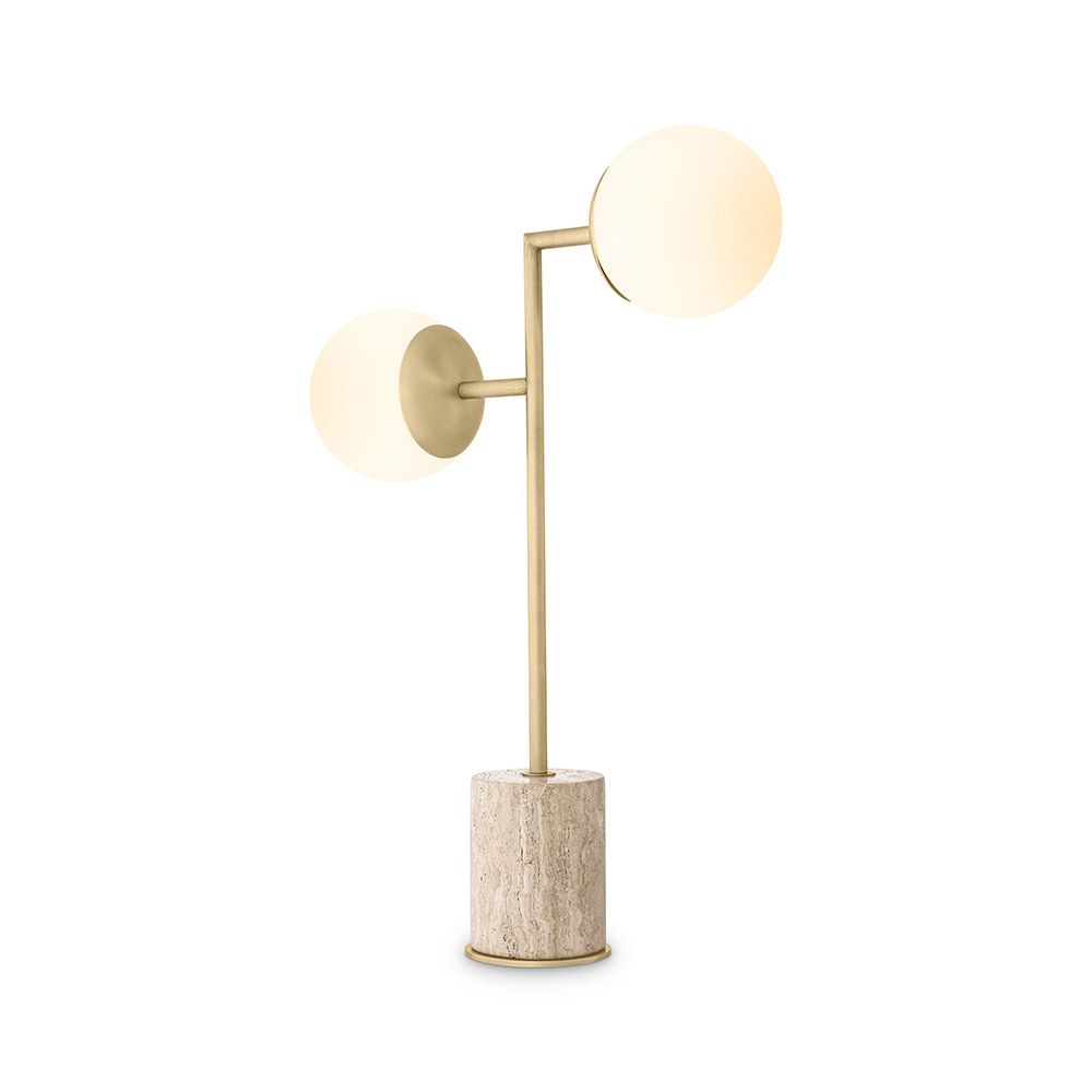 Striking table lamp with round lampshades and travertine base