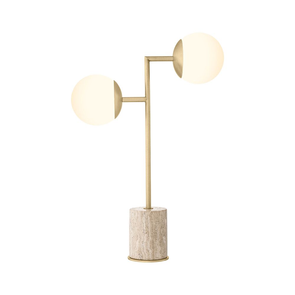 Striking table lamp with round lampshades and travertine base