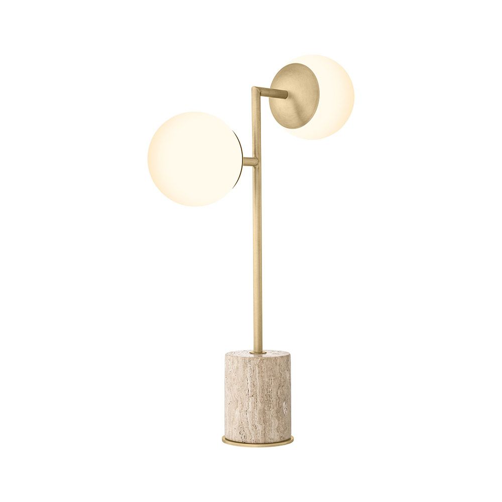 Striking table lamp with round lampshades and travertine base