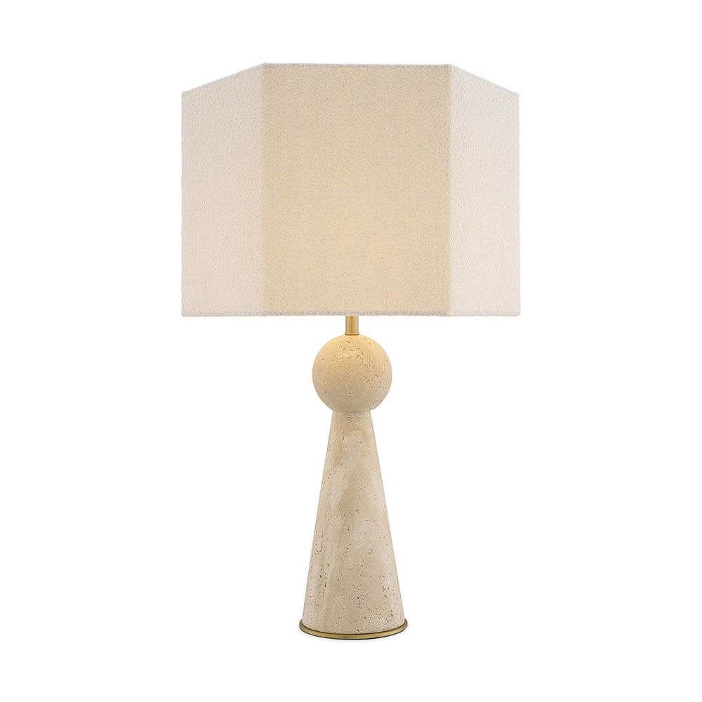A stylish side lamp by Eichholtz with a travertine finish and boucle shade