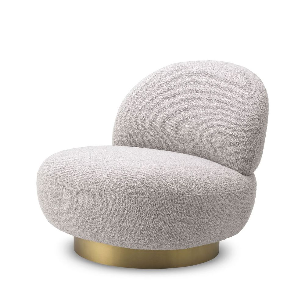Curvaceous grey boucle swivel chair with brushed brass base
