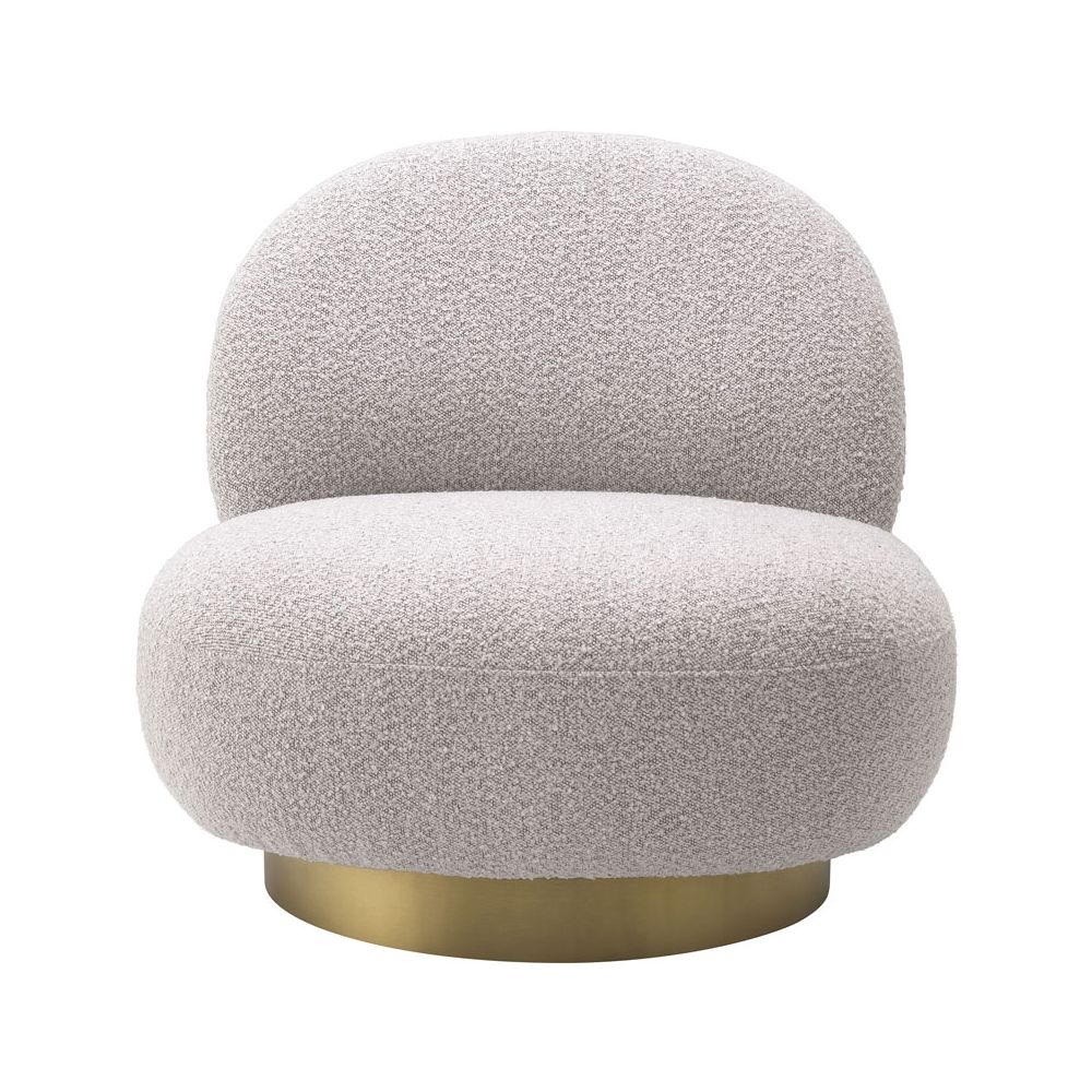 Curvaceous grey boucle swivel chair with brushed brass base