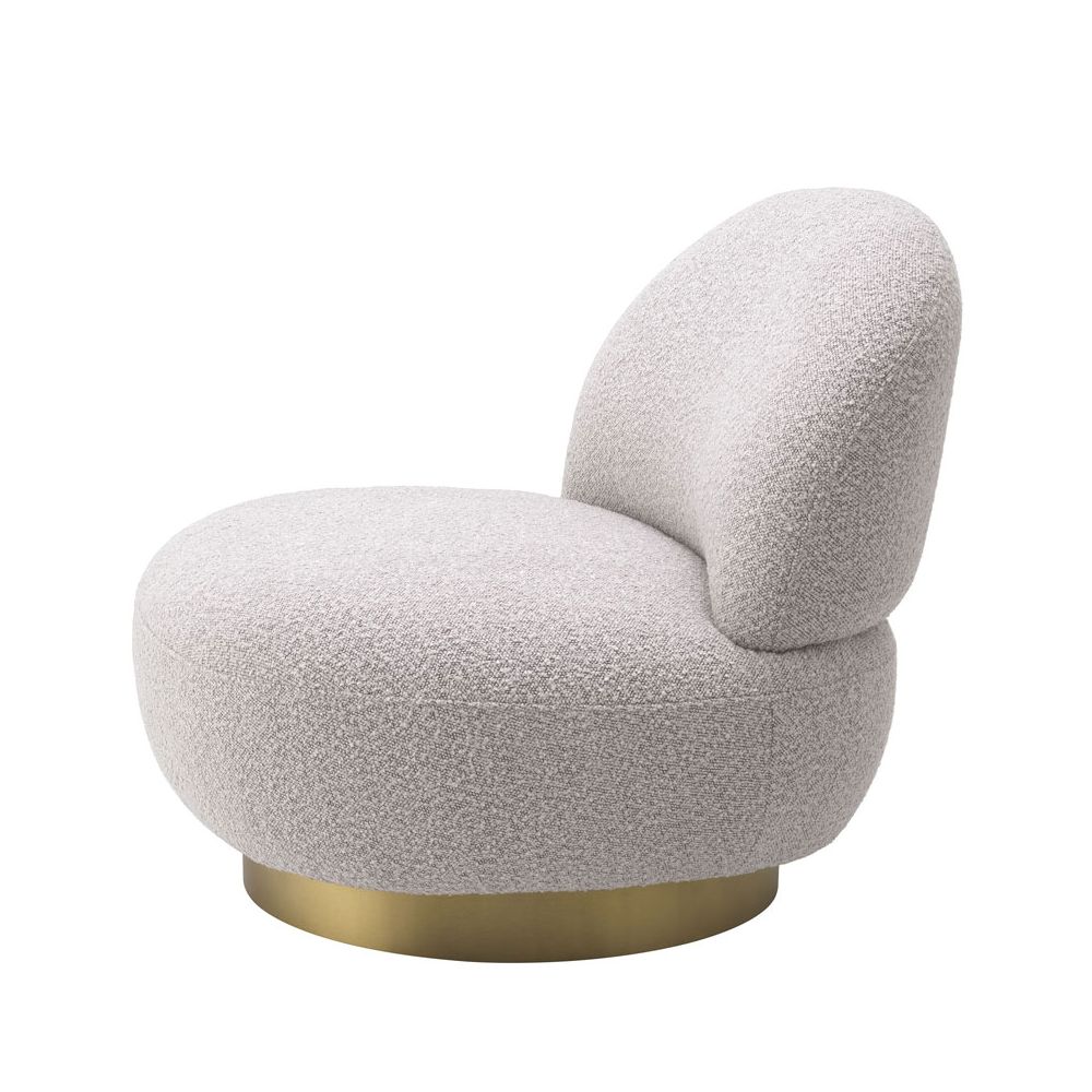 Curvaceous grey boucle swivel chair with brushed brass base
