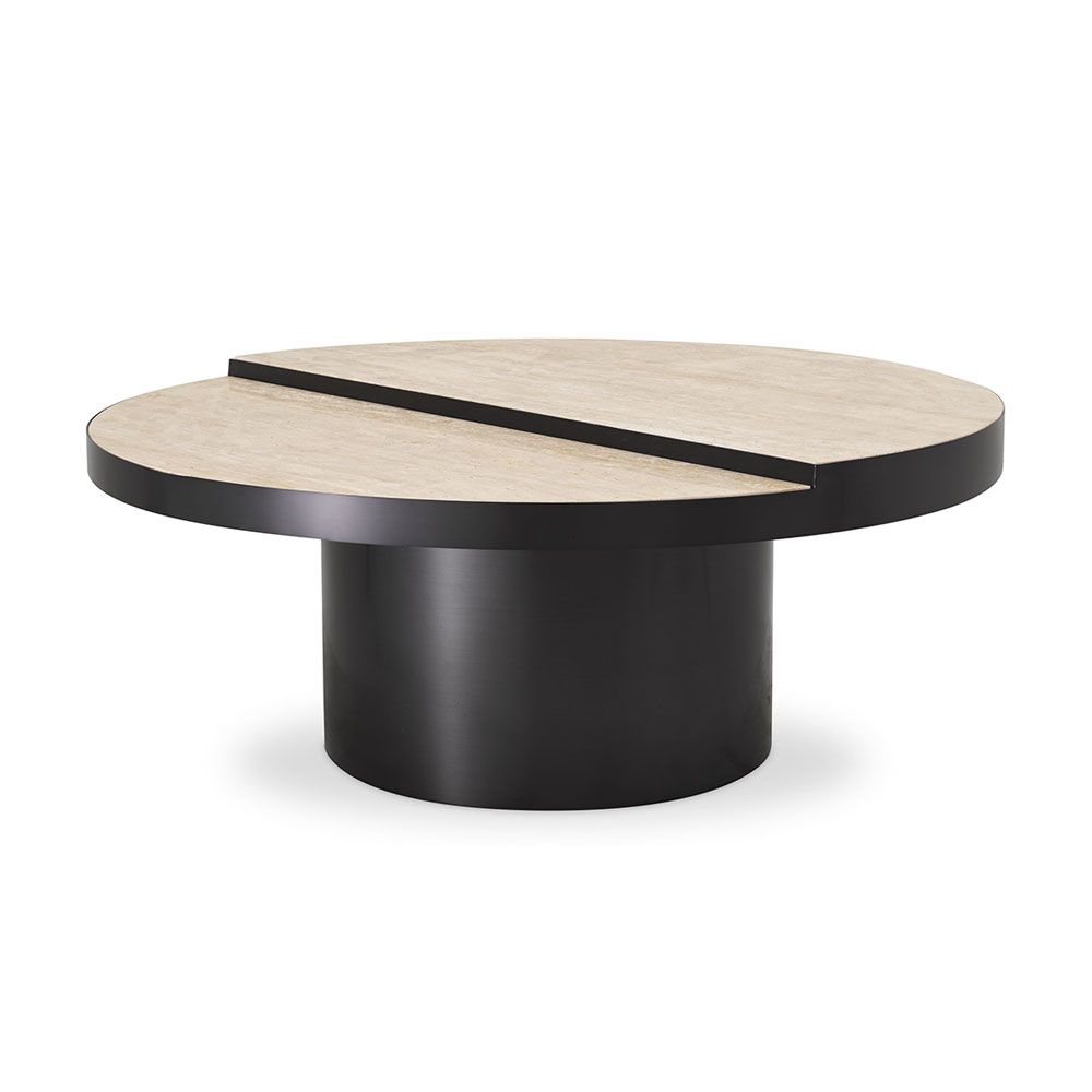 A luxurious coffee table by Eichholtz with a bronze finish and travertine table top