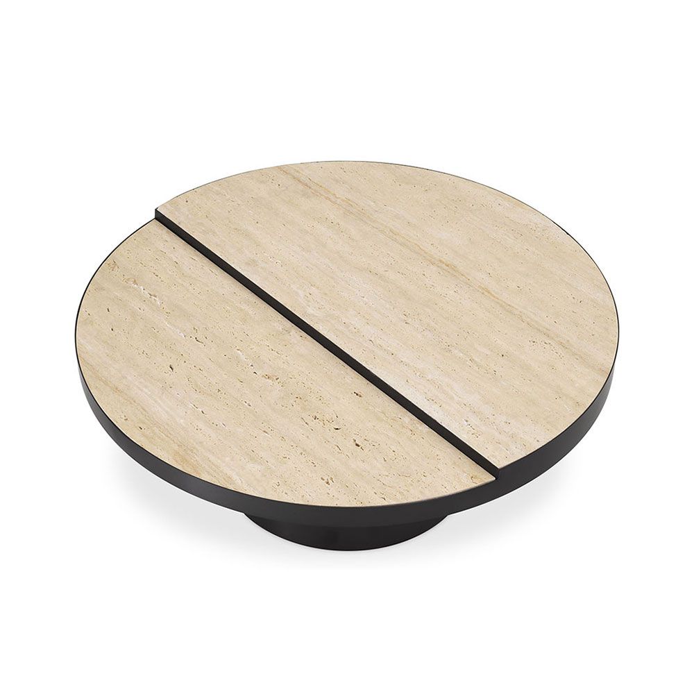 A luxurious coffee table by Eichholtz with a bronze finish and travertine table top
