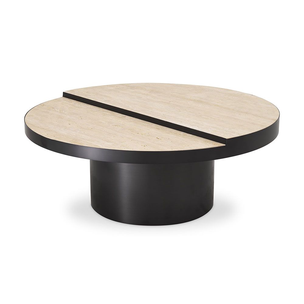 A luxurious coffee table by Eichholtz with a bronze finish and travertine table top