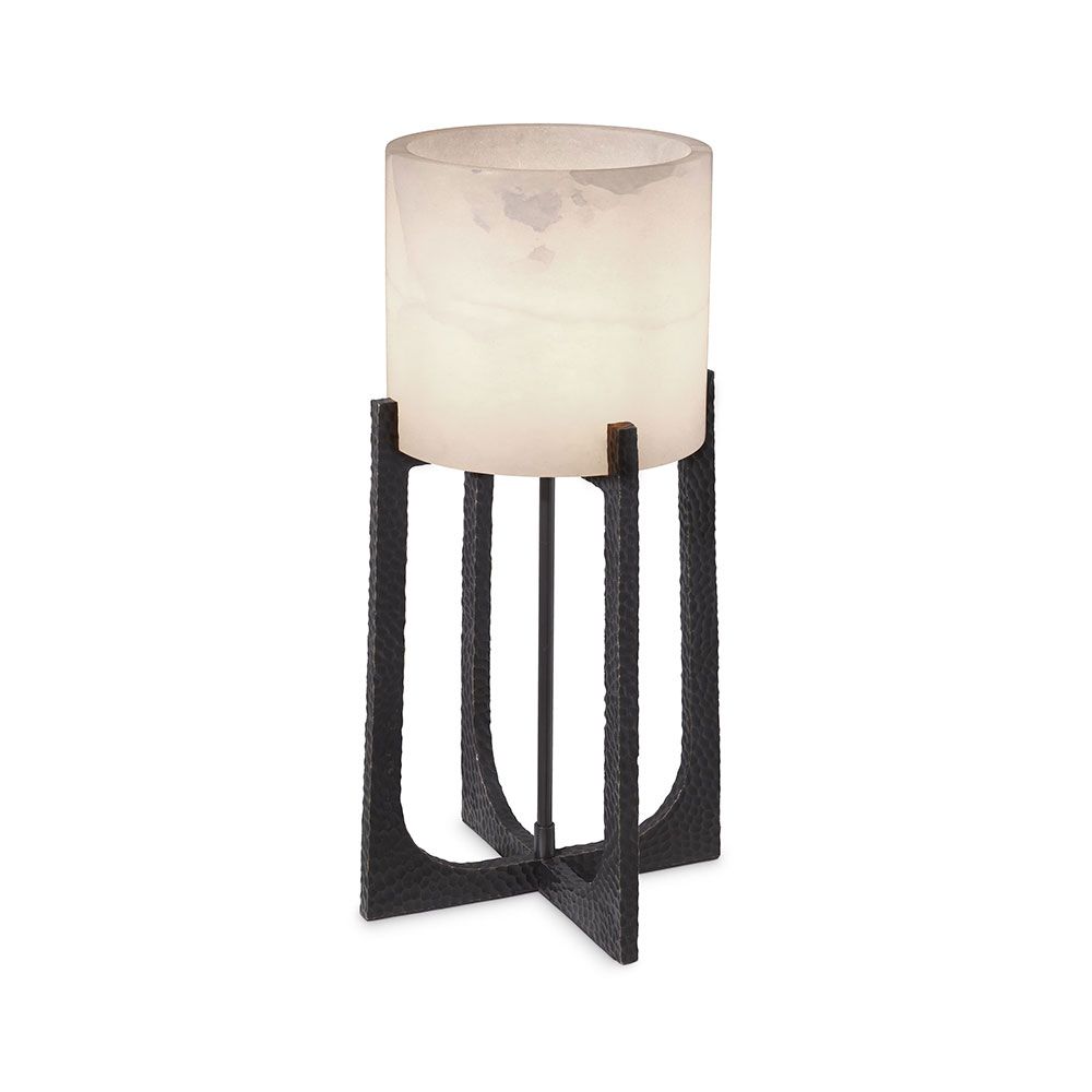 Captivating lamp with alabaster shade mounted on hammered bronze frame