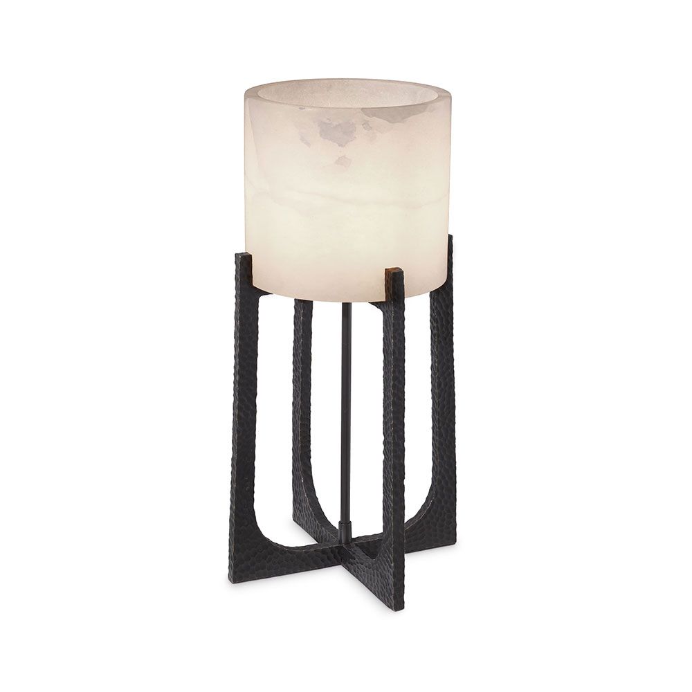 Captivating lamp with alabaster shade mounted on hammered bronze frame