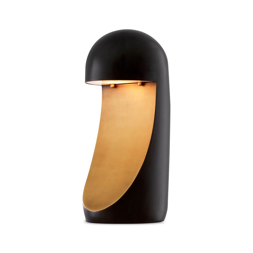 Strikingly modern table lamp with rounded black body and sweeping brass detail