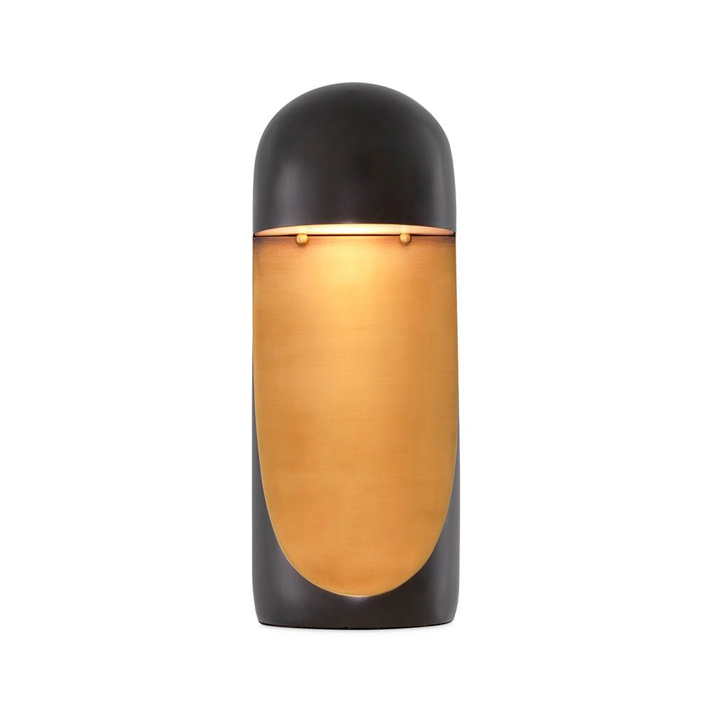 Strikingly modern table lamp with rounded black body and sweeping brass detail