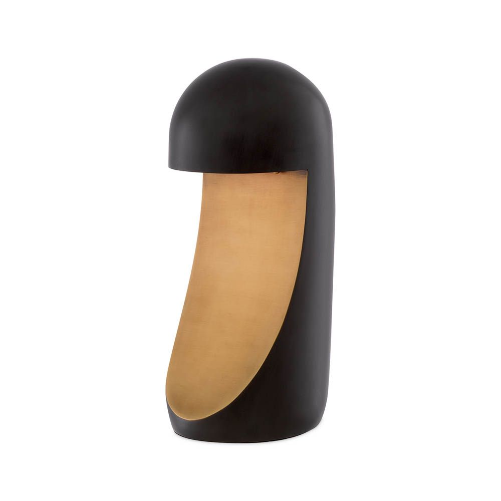 Strikingly modern table lamp with rounded black body and sweeping brass detail