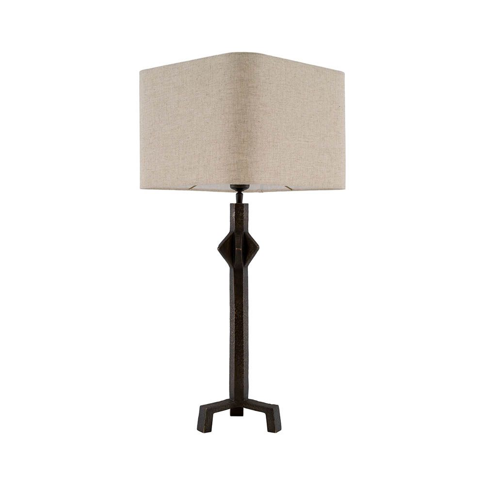 bronze geometric lamp with linen mix shade; pictured: light off