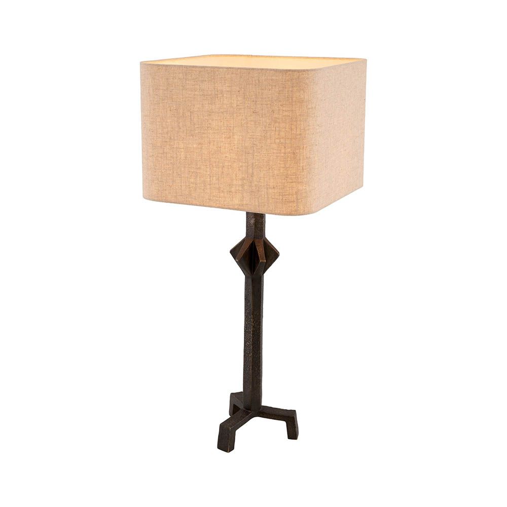 bronze geometric lamp with linen mix shade