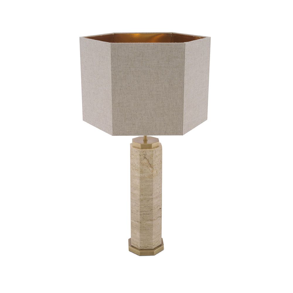 Gorgeous modern table lamp with hexagonal linen shade and travertine finish