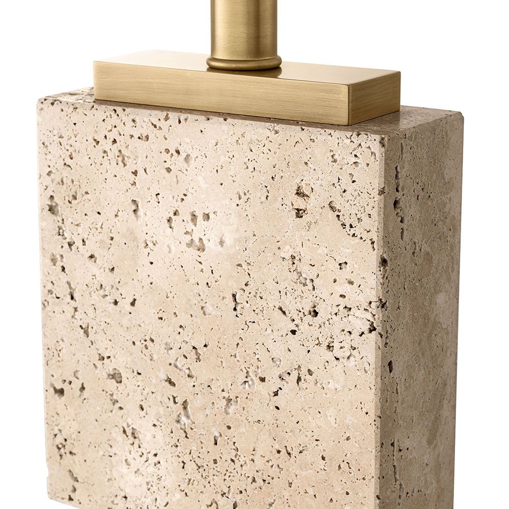 A modern and neutral floor lamp by Eichholtz with a boxy shape shade and travertine finish
