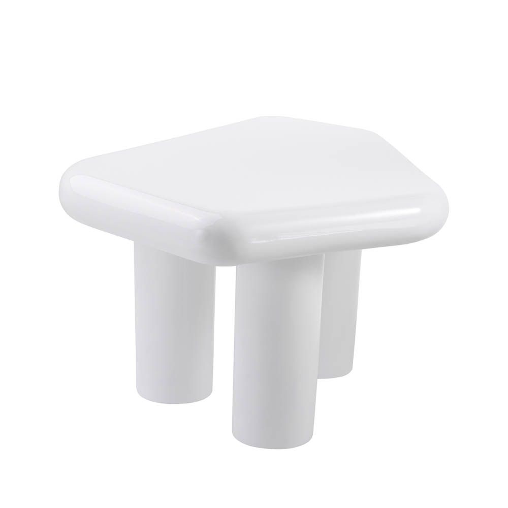 Contemporary, rounded, organic shaped side table in white fiberglass finish