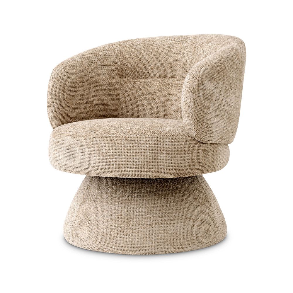 Modern designed swivel chair with silver-toned upholstery on an upholstered base.