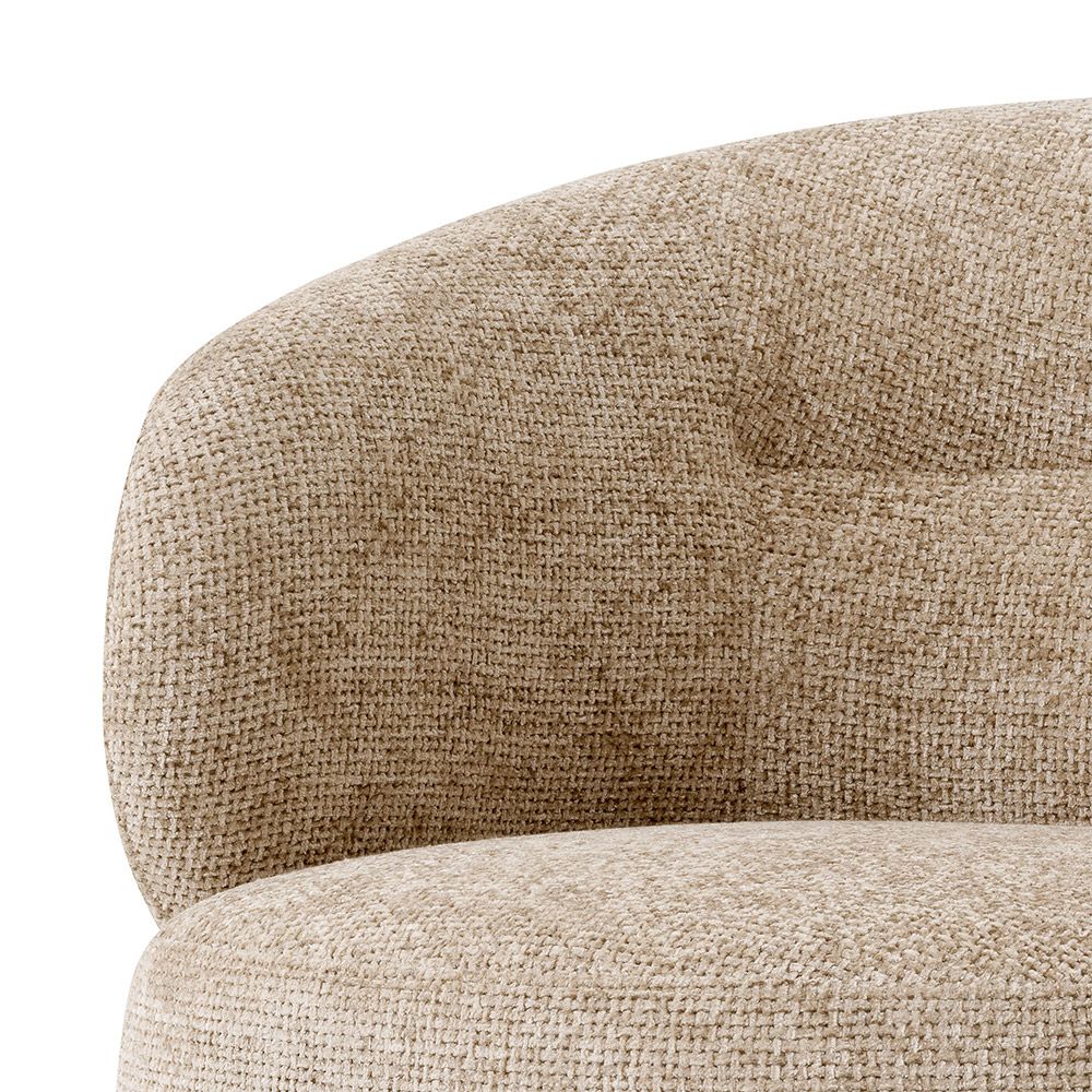 Modern designed swivel chair with silver-toned upholstery on an upholstered base.