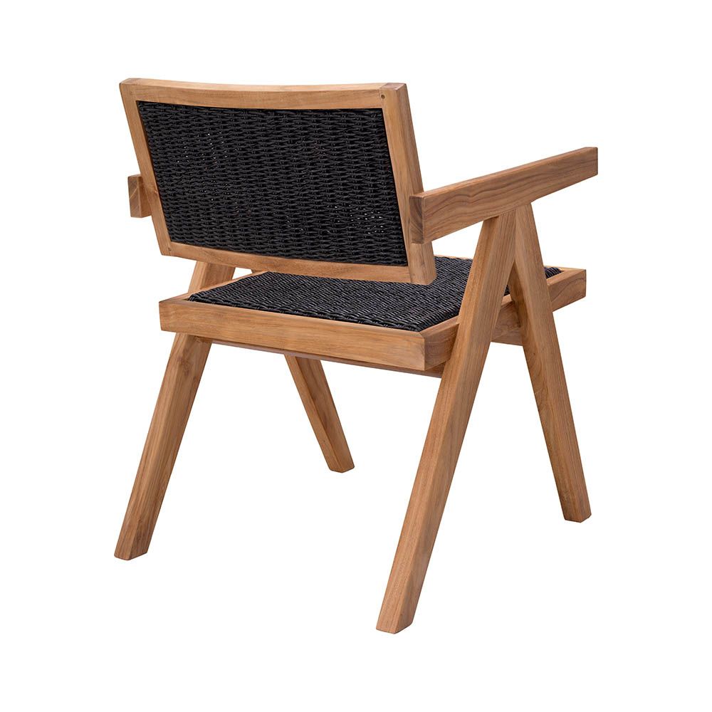 Artistic black woven chair with warm wooden frame