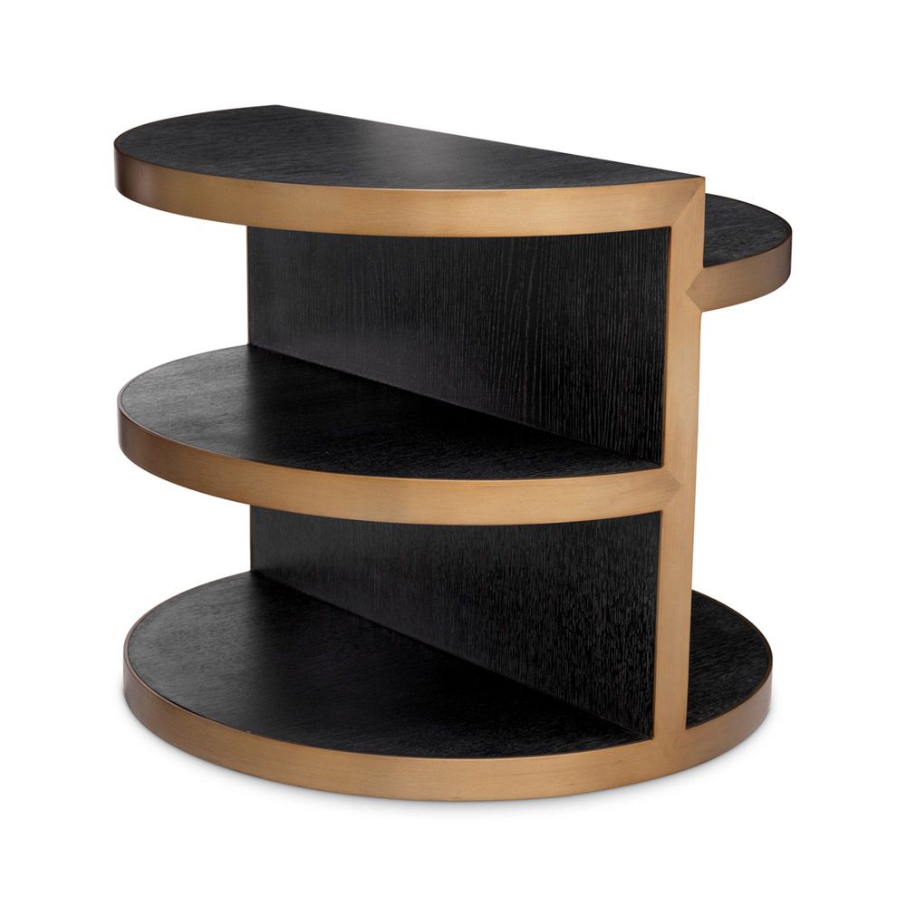 Gorgeous round side table with layered shelving and brass edges