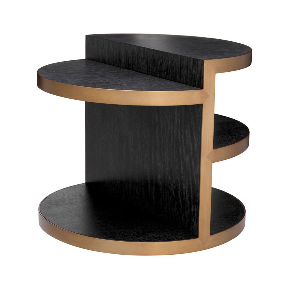 Gorgeous round side table with layered shelving and brass edges