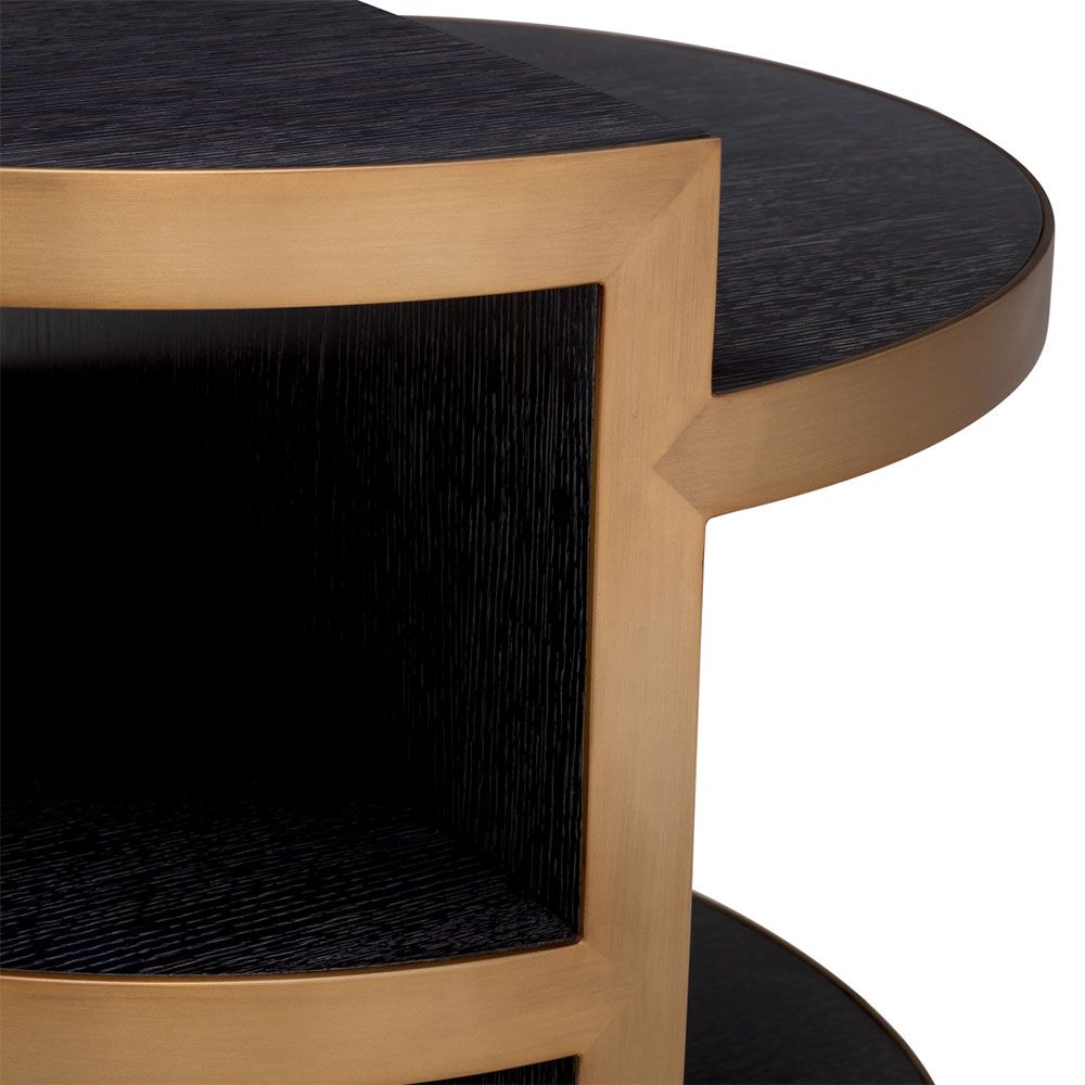 Gorgeous round side table with layered shelving and brass edges