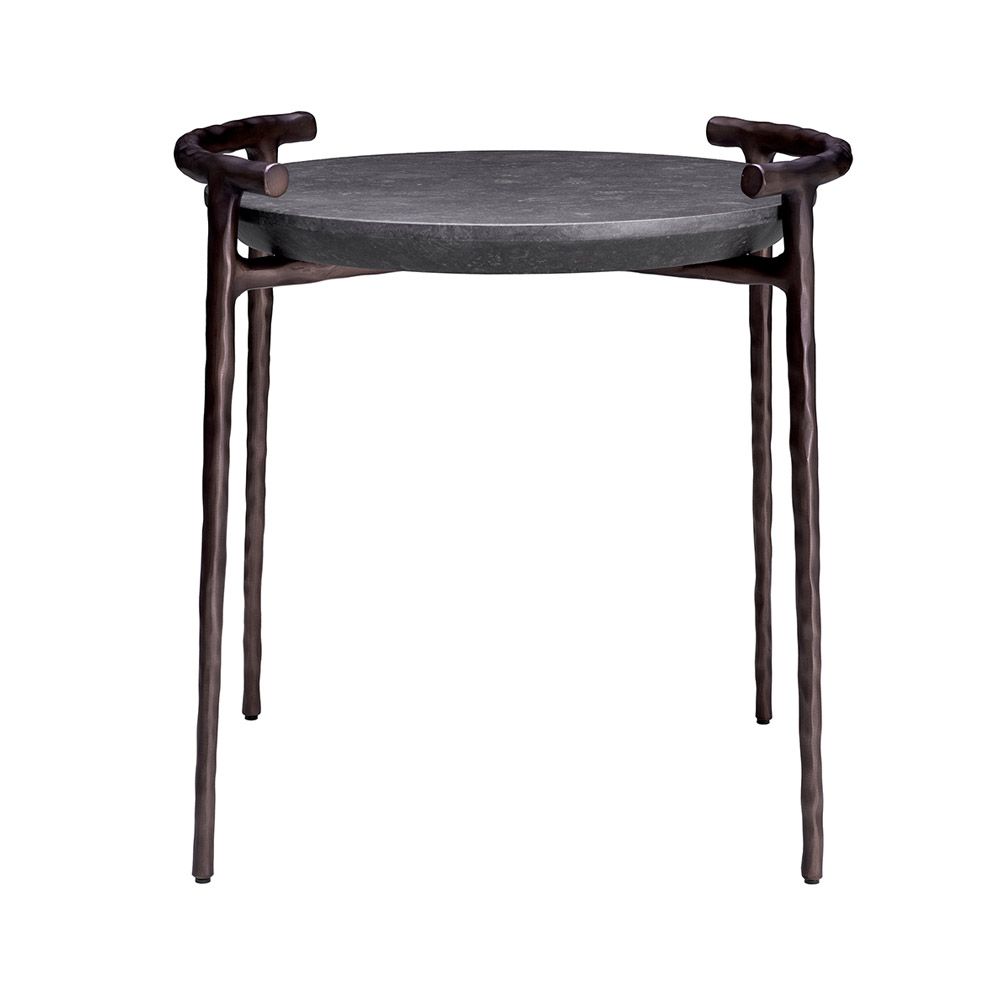 Elegant round side table wit black marble surface and minimal bronze frame