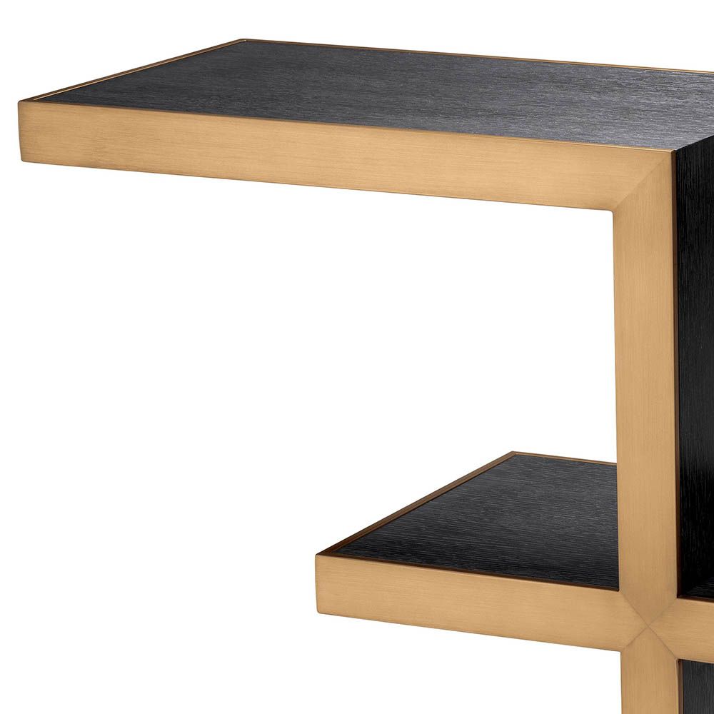 Eichholtz Console table with brushed brass finish in a charcoal grey oak veneer