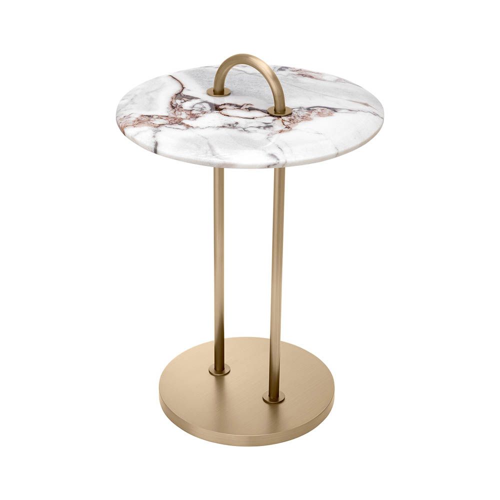 Striking side table with round marble top and brass frame with round handle detail
