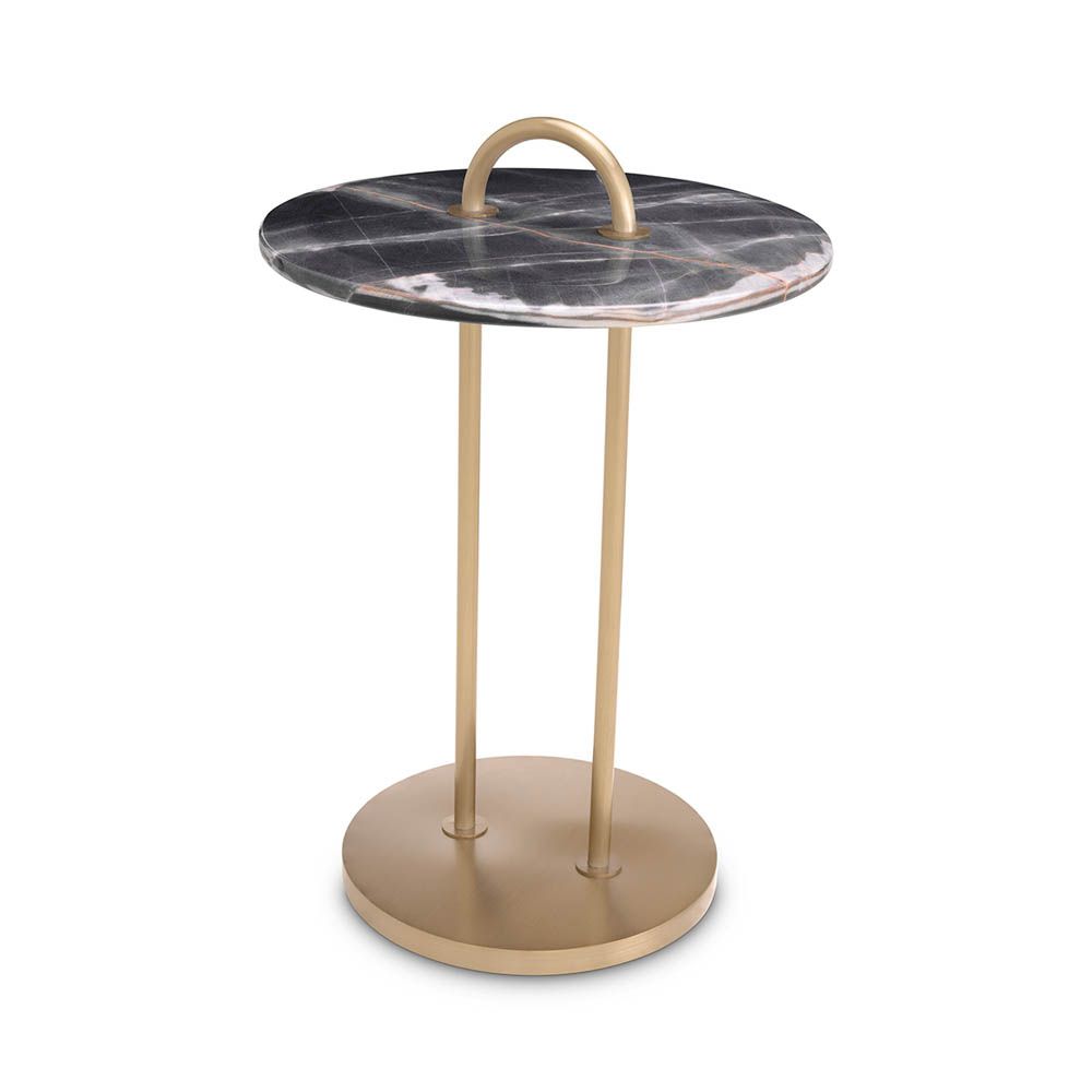 Striking side table with round marble top and brass frame with round handle detail