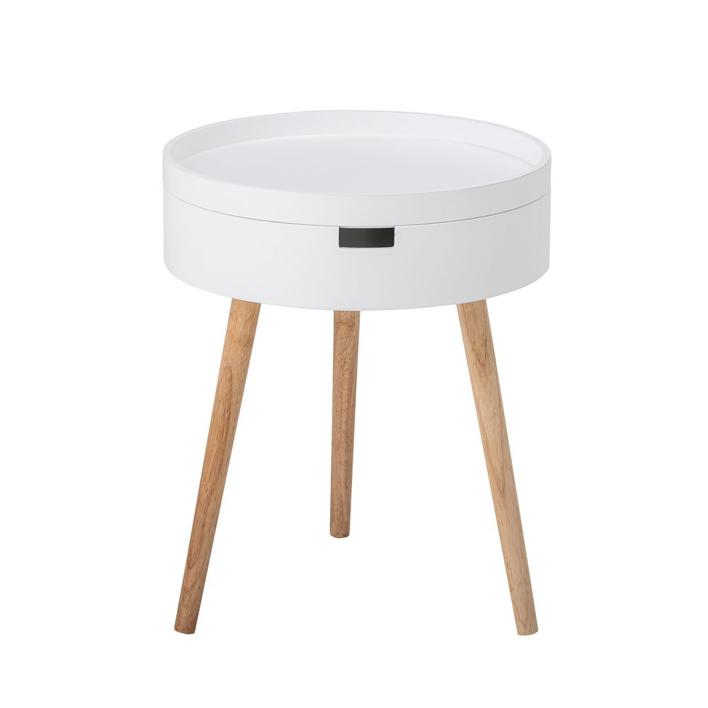 A chic white side table with natural-toned legs 