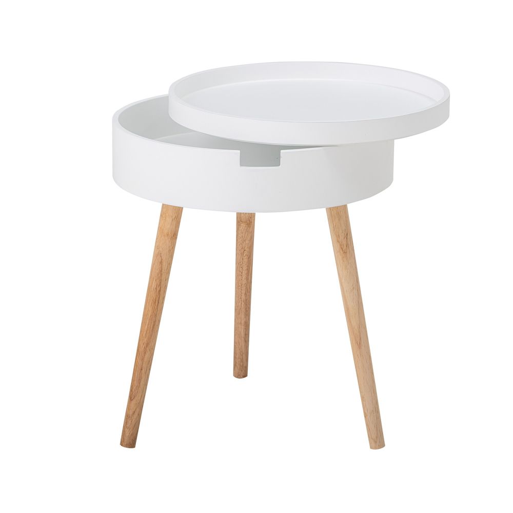A chic white side table with natural-toned legs 