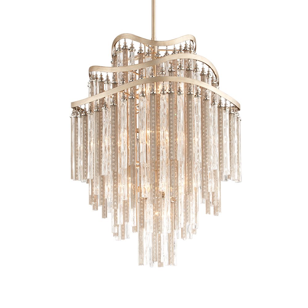 A luxurious pendant by Hudson Valley with shimmering nickel and crystal tassels and a tranquillity silver leaf finish