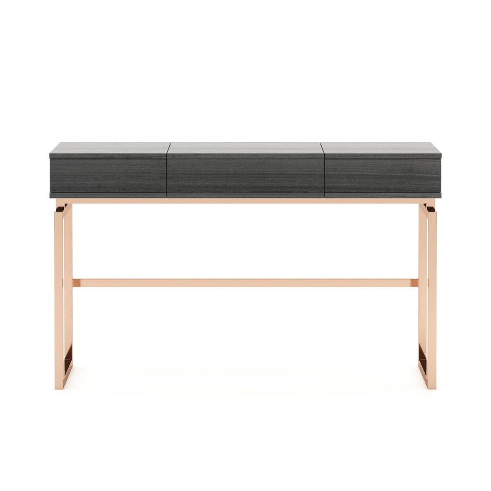 A gorgeous matte grey dressing table with a dazzling, copper base