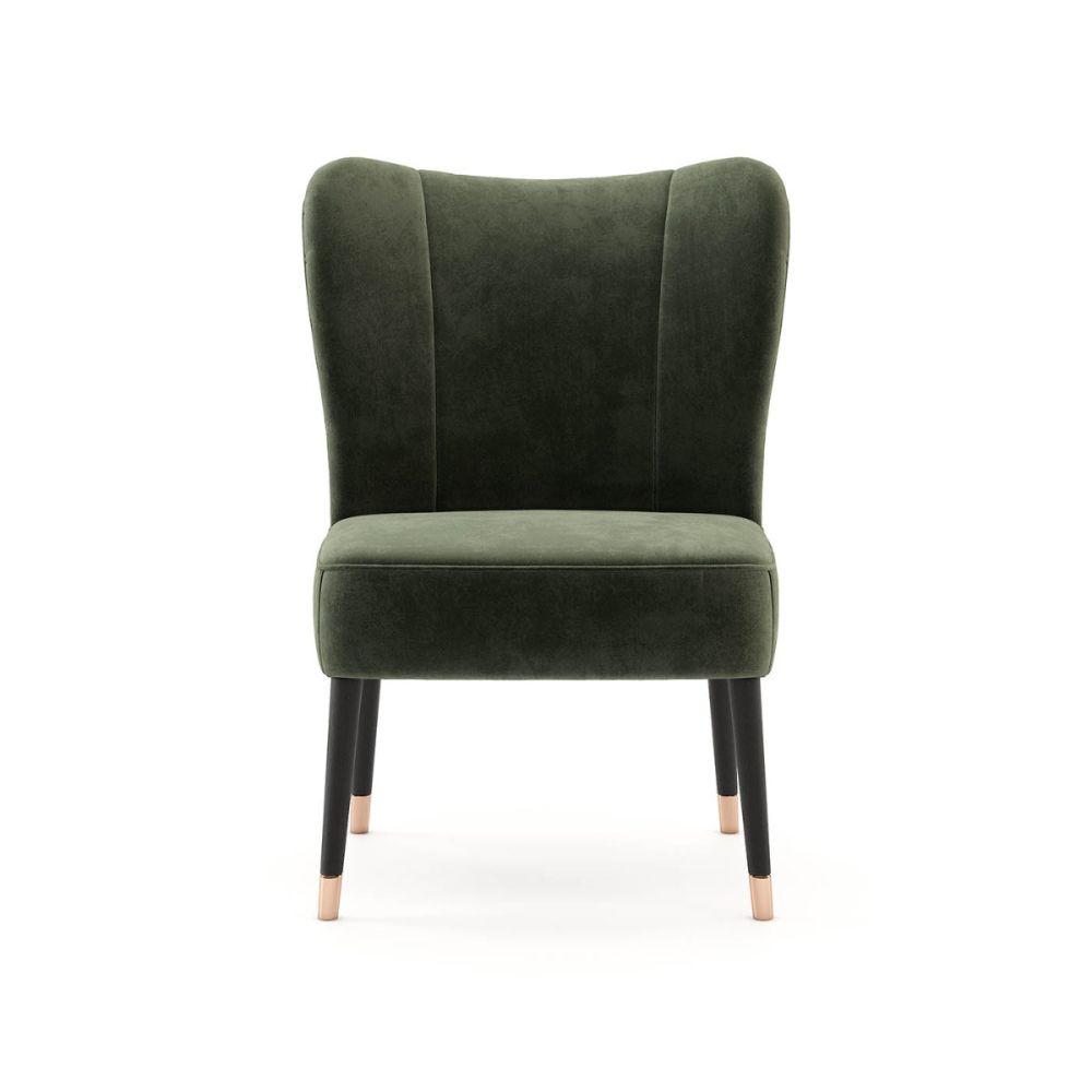 A luxurious contemporary armchair with retro undertones. Pictured in Forest.