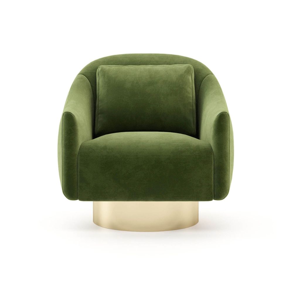 A luxurious green velvet armchair with a golden base
