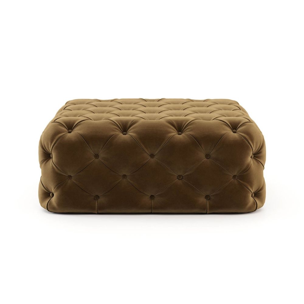 Contemporary, velvet, square pouffe with deep buttoning. Pictured in Vienna Camel.