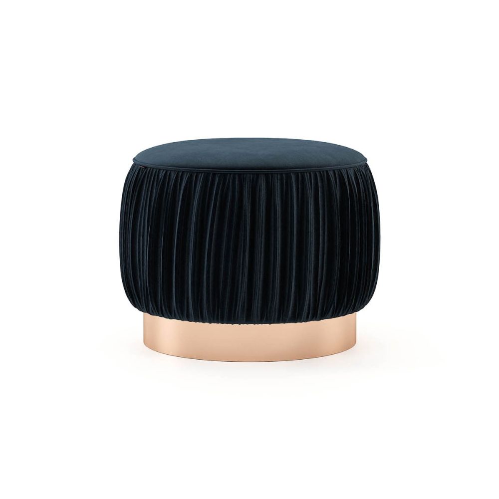 Dark blue velvet pouffe with frilled detailing and copper stainless steel base