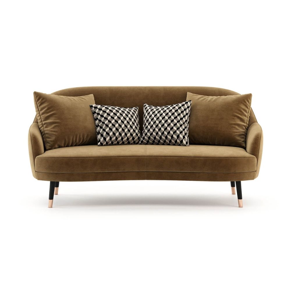 Retro style velvet sofa with wooden legs and copper tips. Pictured in Vienna Teja.