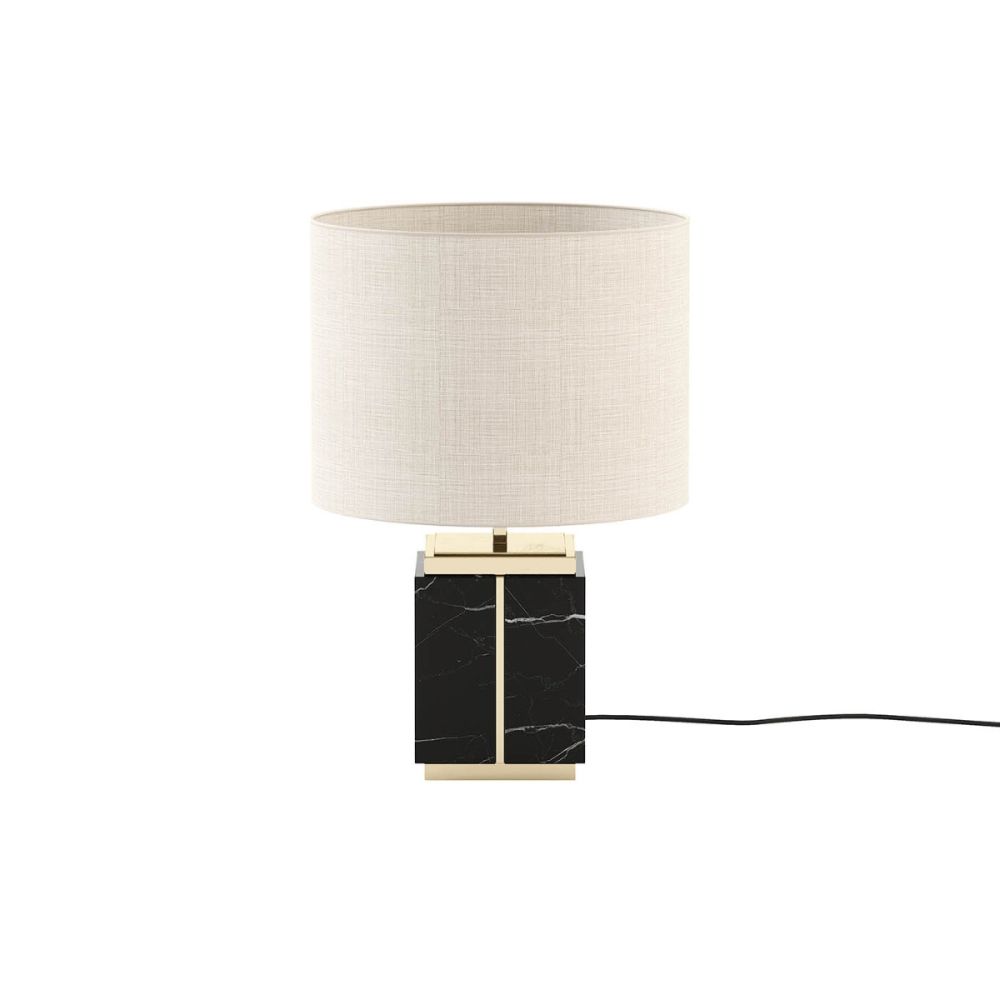 Short black marble table lamp with copper accents and natural shade