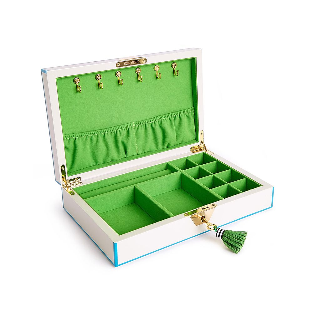 Bright jewellery box with key and green velvet interior