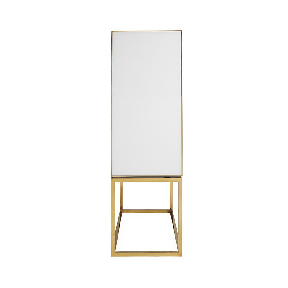 A modern bar with a monochromatic illusion and a brass base 
