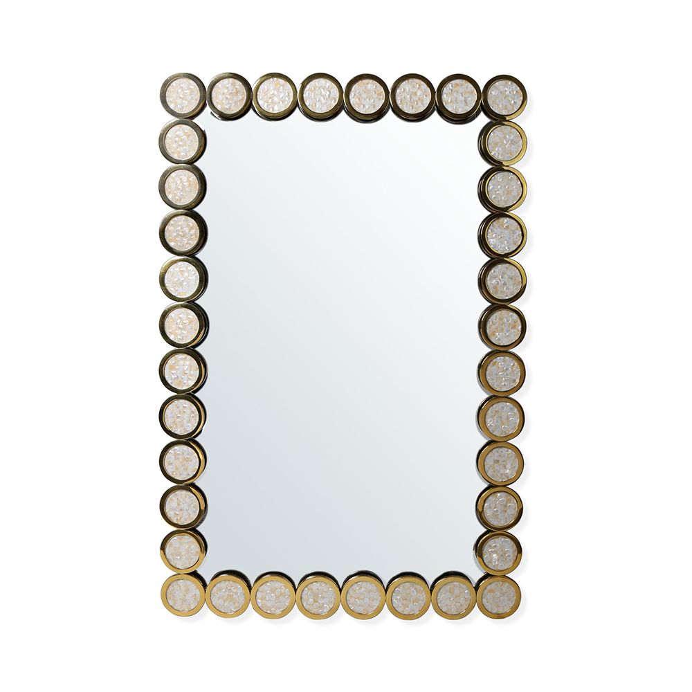 A luxurious, brass wall mirror with mother of pearl embellishments 