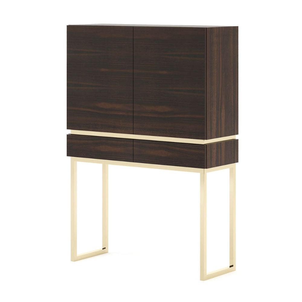 A chic, contemporary bar cabinet with retro undertones and golden accents 