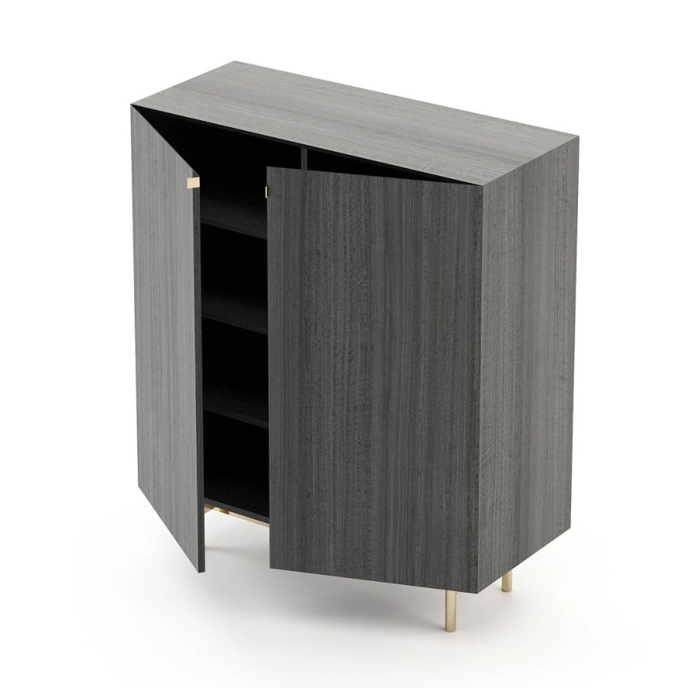A fabulous minimal bar cabinet with a stainless steel base
